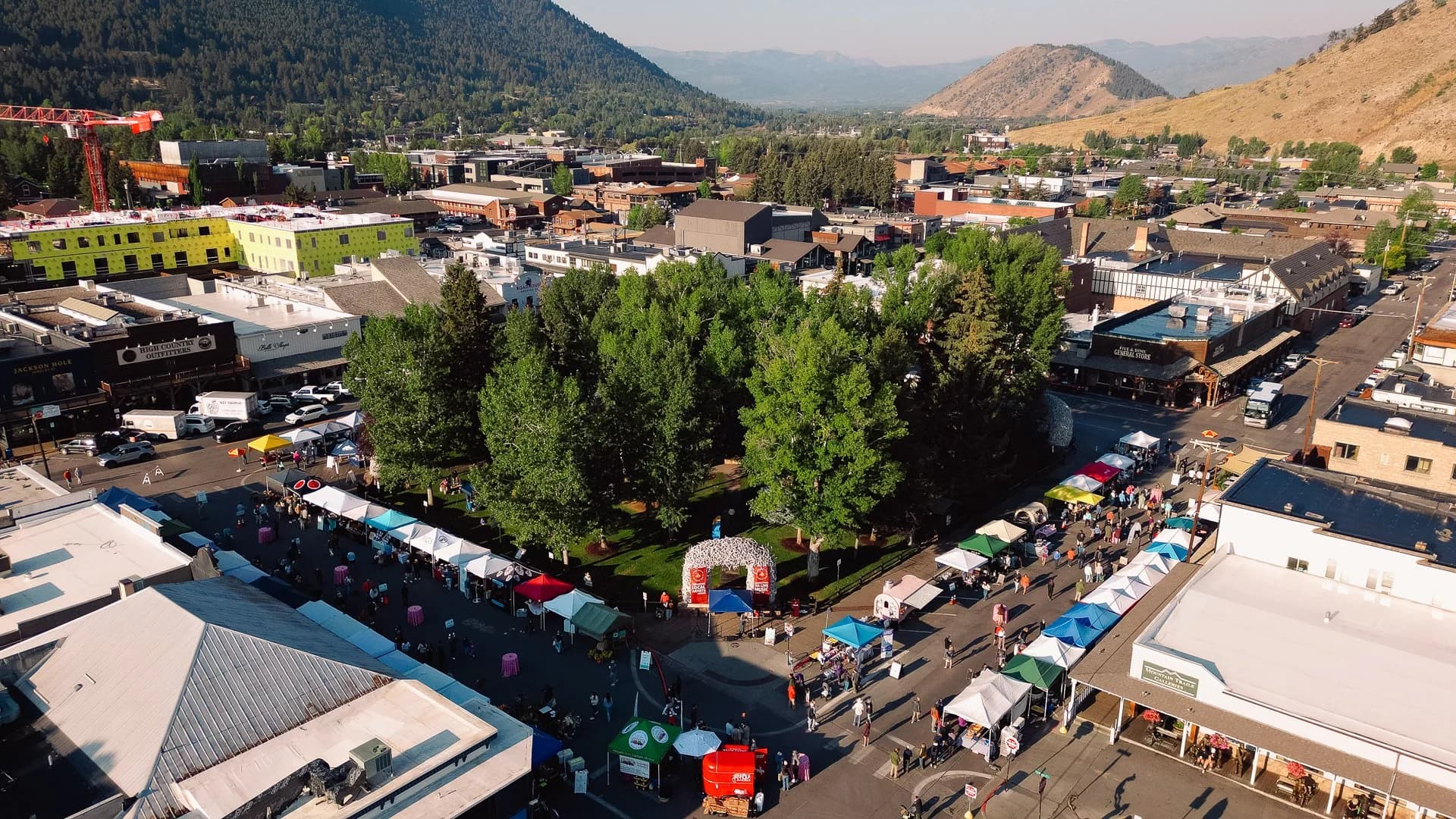 Aerial view of the Jackson Hole Farmers Market on the Town Square
