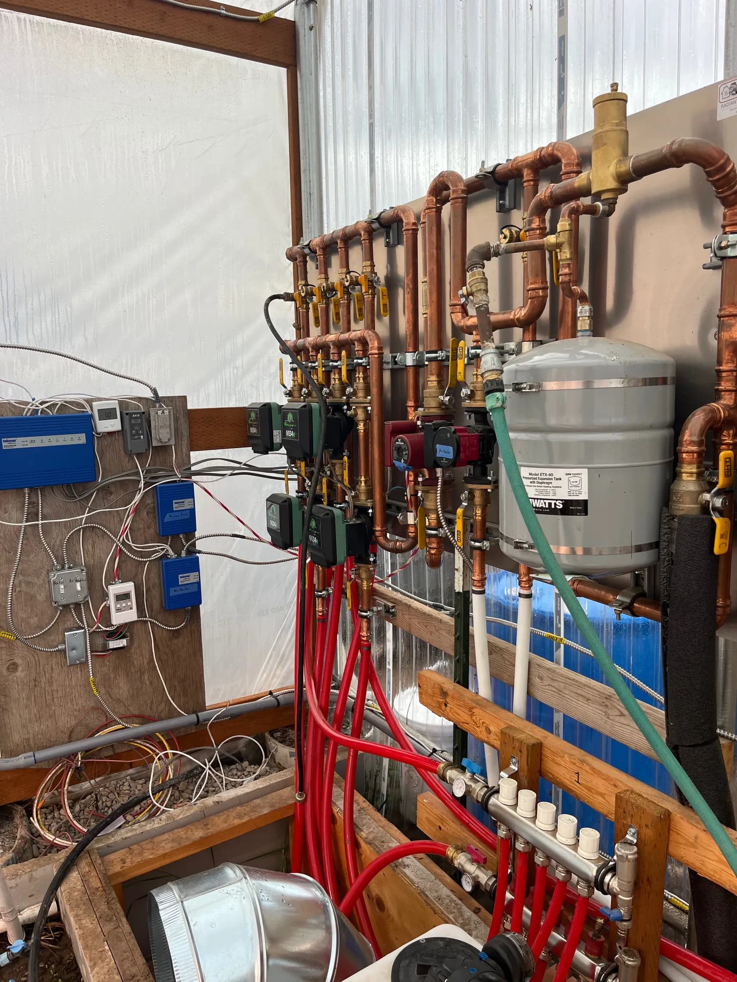 Copper plumbing and controls that distribute heated water through the greenhouse