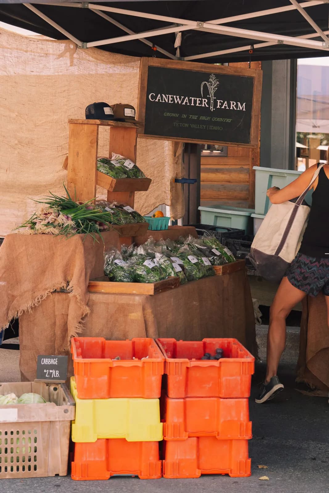 The Canewater Farm stand with fresh produce and crates of vegetables